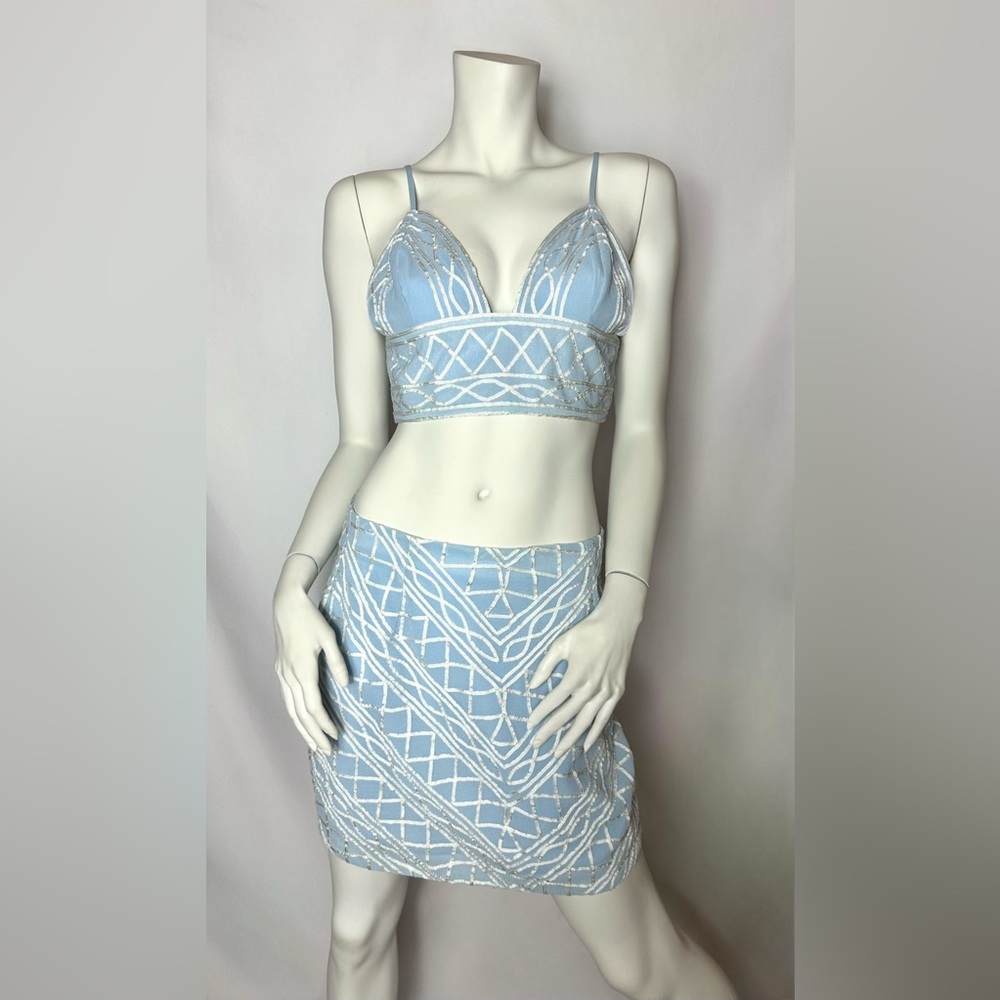 NBD Two Piece Set Crop Top and Skirt Light Blue with White/Silver Accents